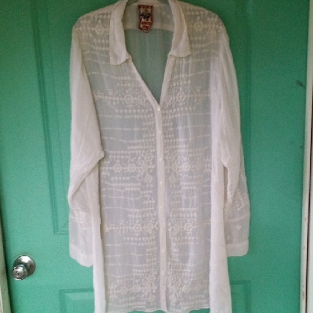 Johnny Was Sheer White Button-Up Blouse